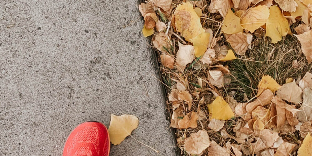 benefits to walking daily. Walking on pavement next to fall leaves